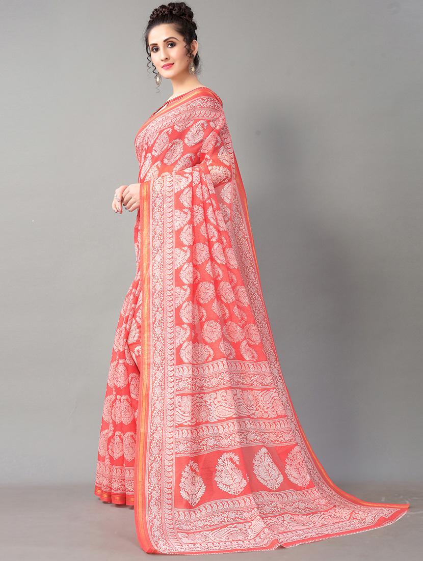 orange cotton blend printed saree with blouse - 18287212 - Standard Image - 2