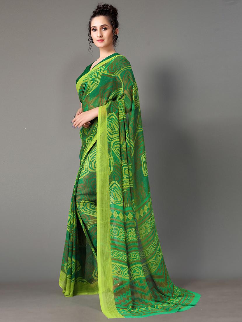 green georgette printed saree with blouse - 18287242 - Standard Image - 2
