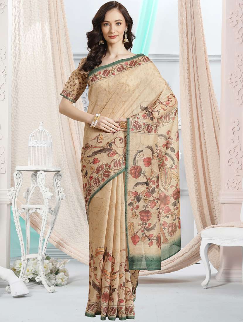 beige chanderi printed saree with blouse