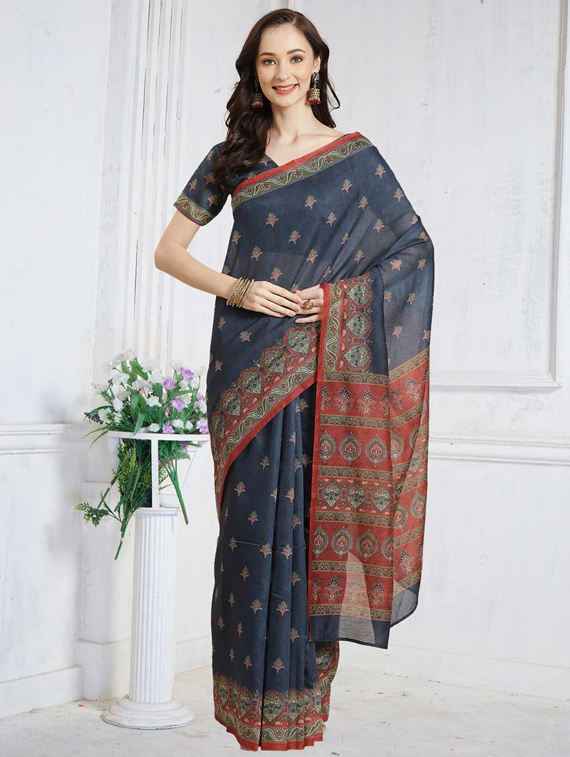 navy chanderi printed saree with blouse