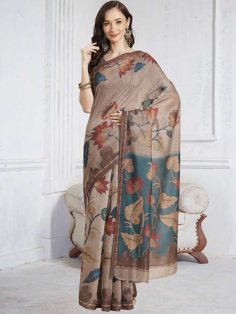 beige chanderi printed saree with blouse