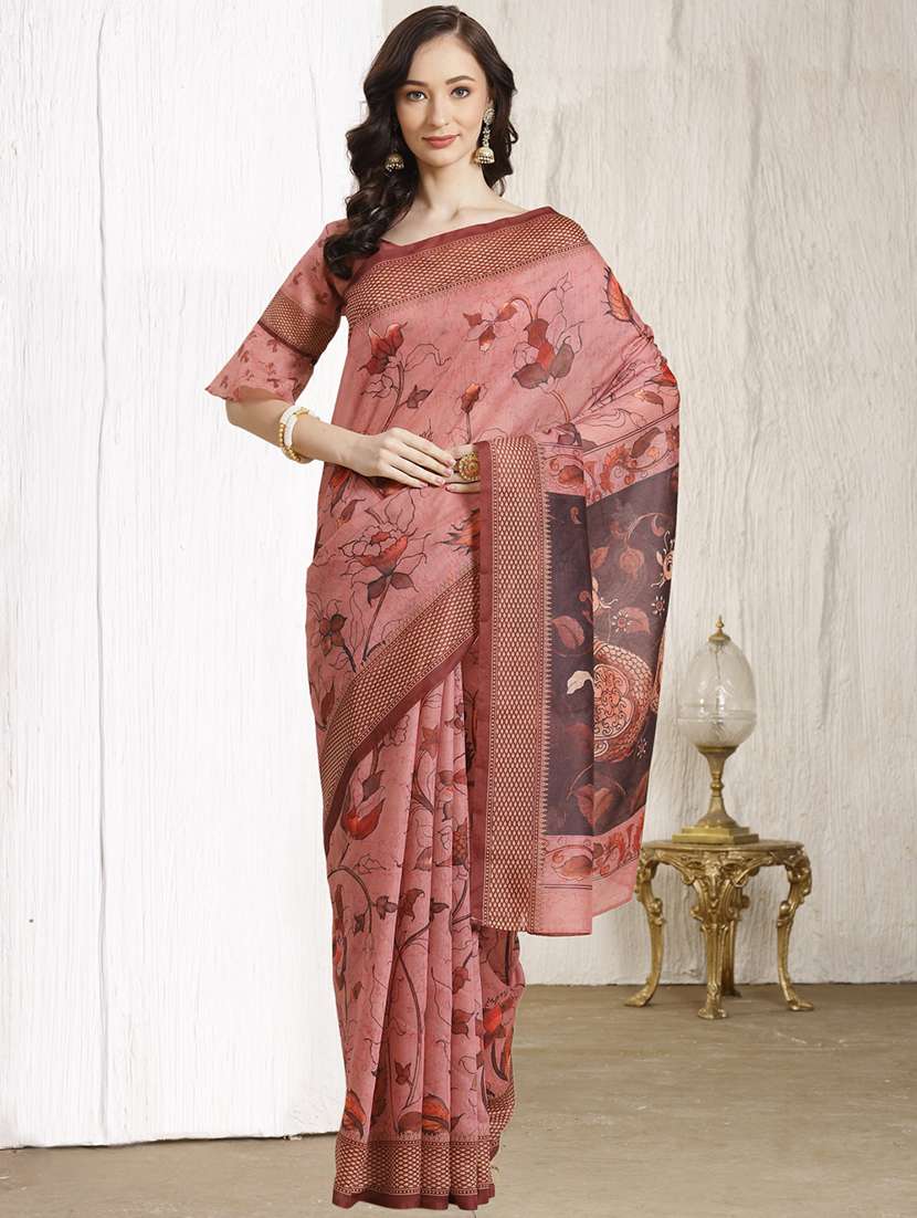 pink chanderi printed saree with blouse