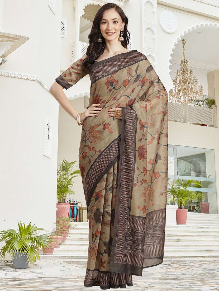mehandi chanderi printed saree with blouse