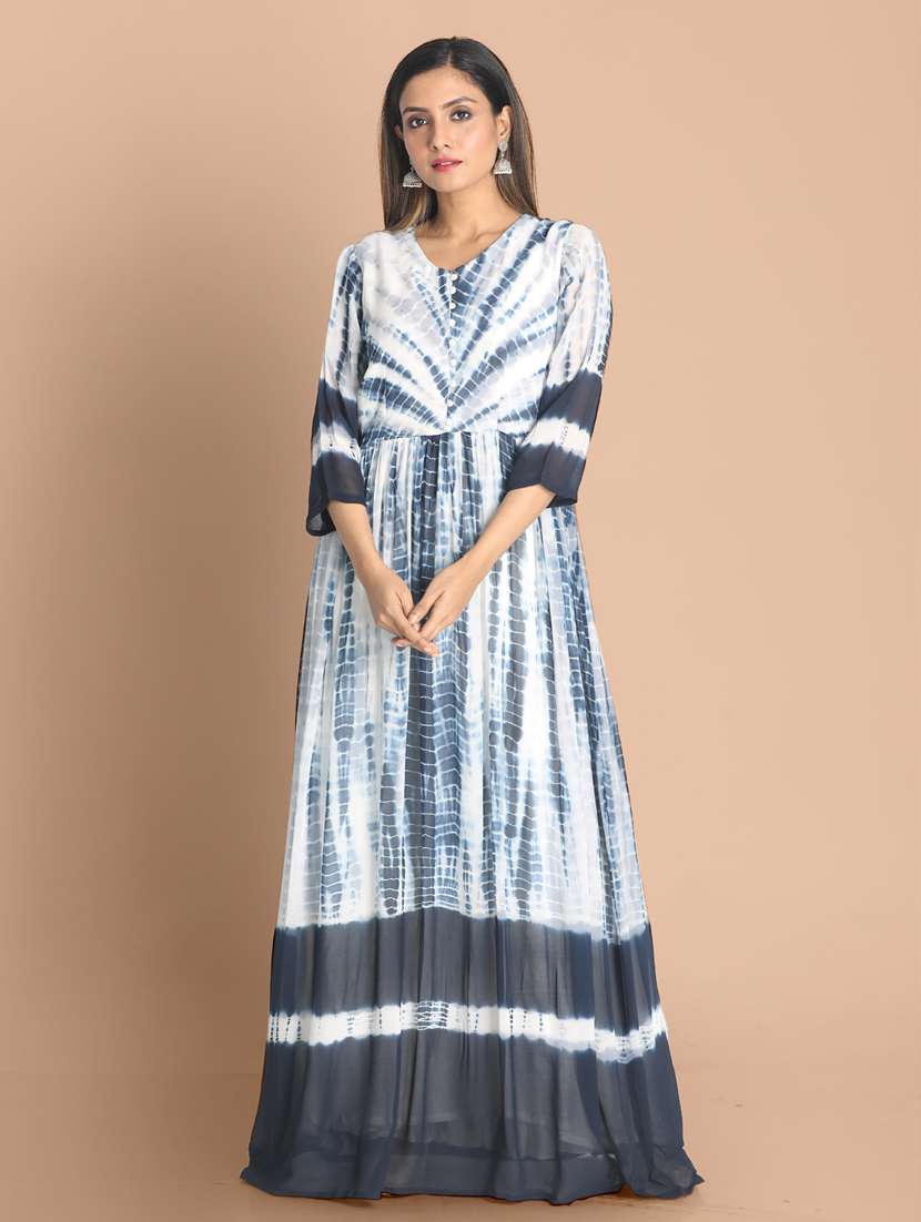 blue printed flared ethnic dress