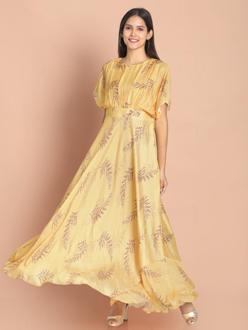 yellow printed a-line ethnic dress