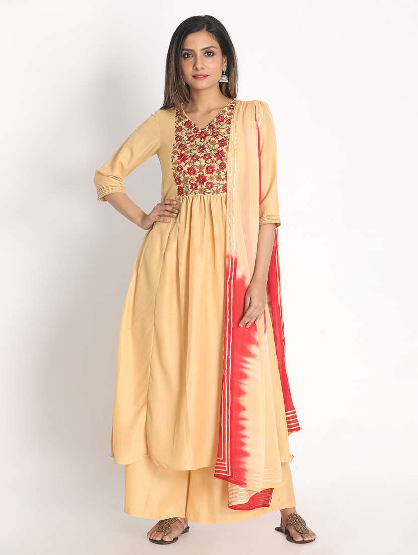 beige kurta palazzo dupatta set
