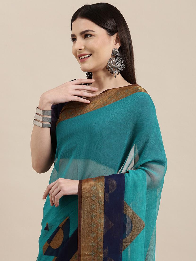 turquoise chiffon printed saree - 18289014 - Standard Image - 2