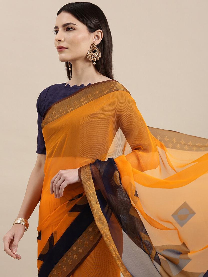 yellow chiffon printed saree - 18289015 - Standard Image - 2