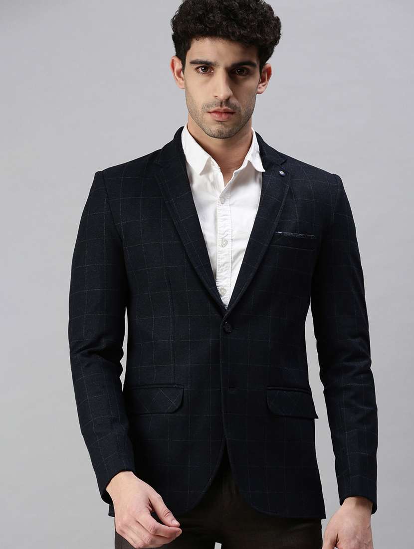 navy blue solid single breasted casual blazer