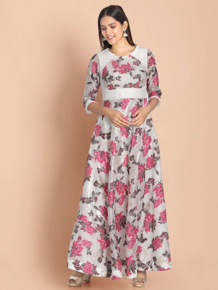 white printed a-line gown
