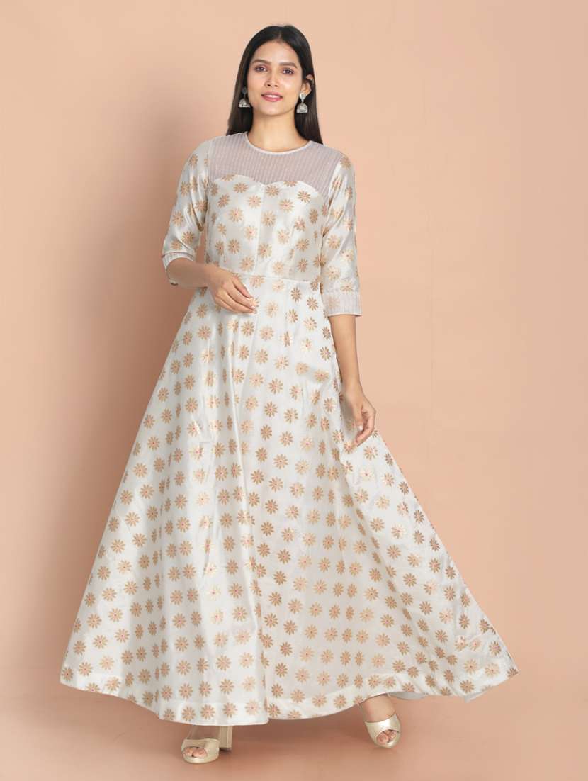 white printed a-line gown