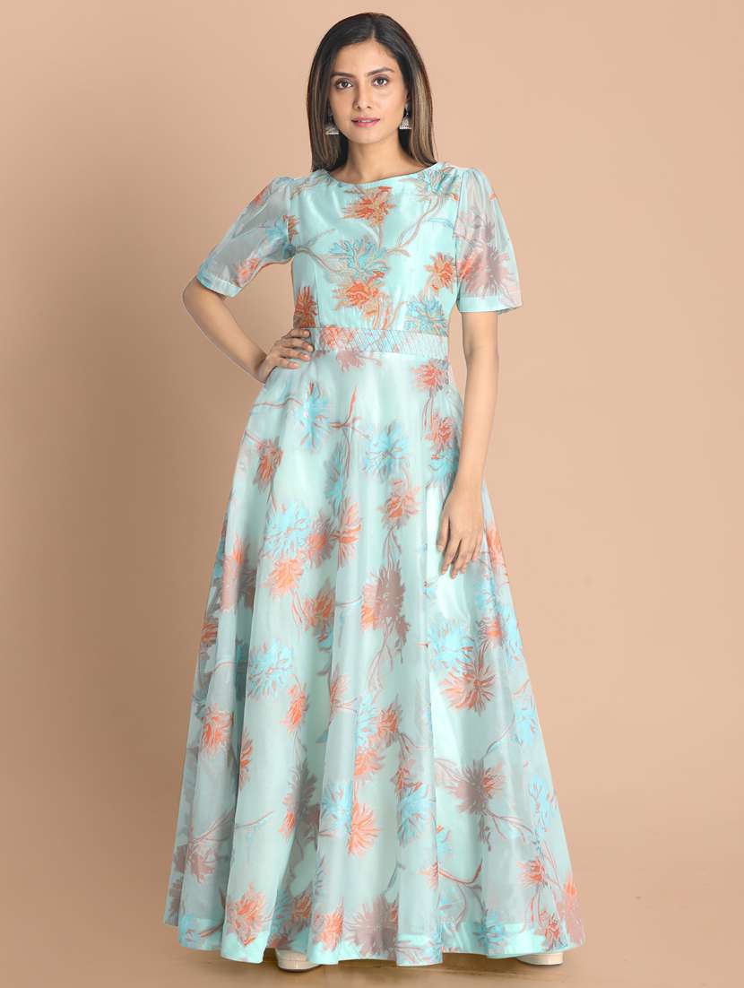 blue printed a-line gown