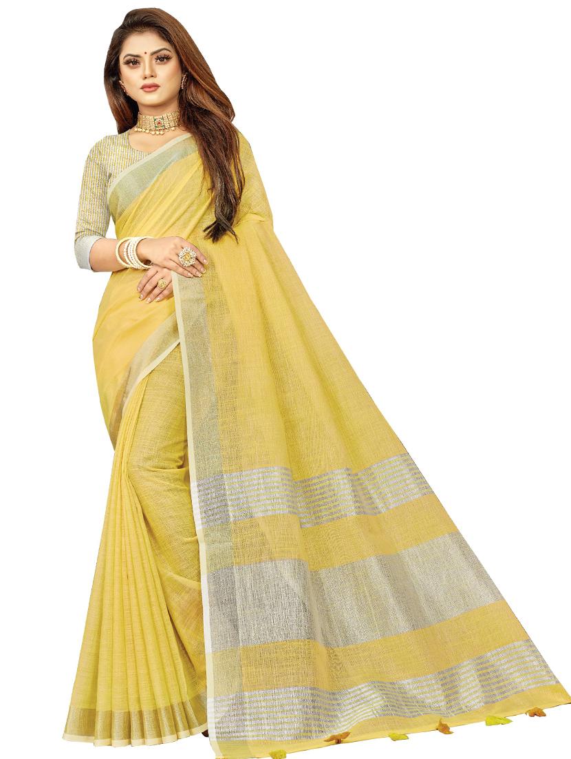 women's bordered yellow colored saree with blouse