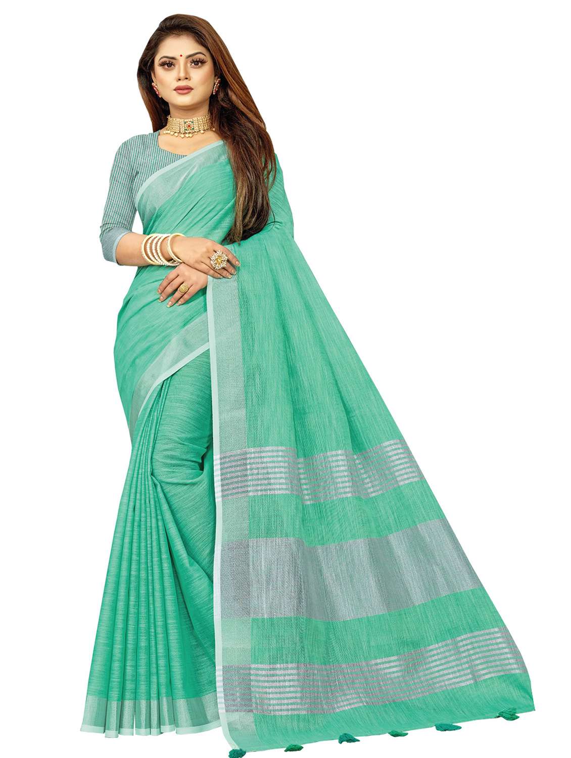 women's self design turquoise colored saree with blouse