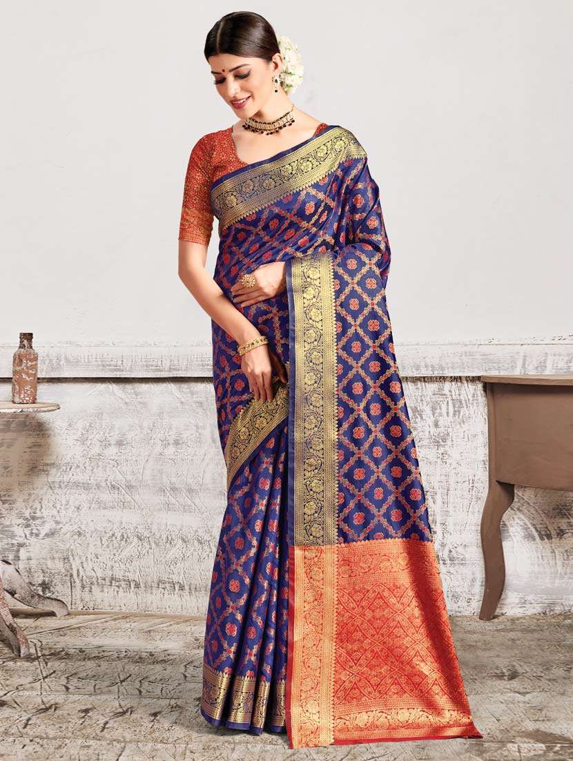 women's self design navy blue colored saree