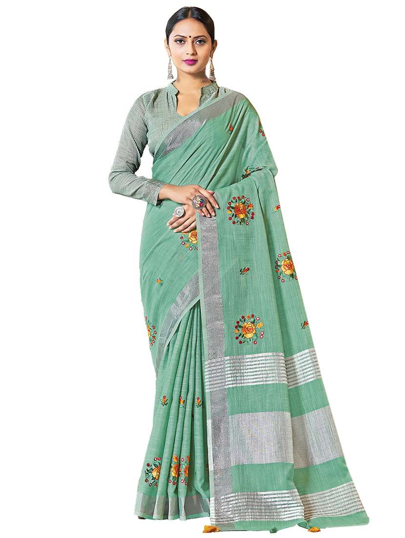 green linen embroidered saree