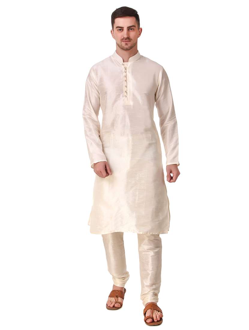cream solid kurta pyjama ethnic wear set