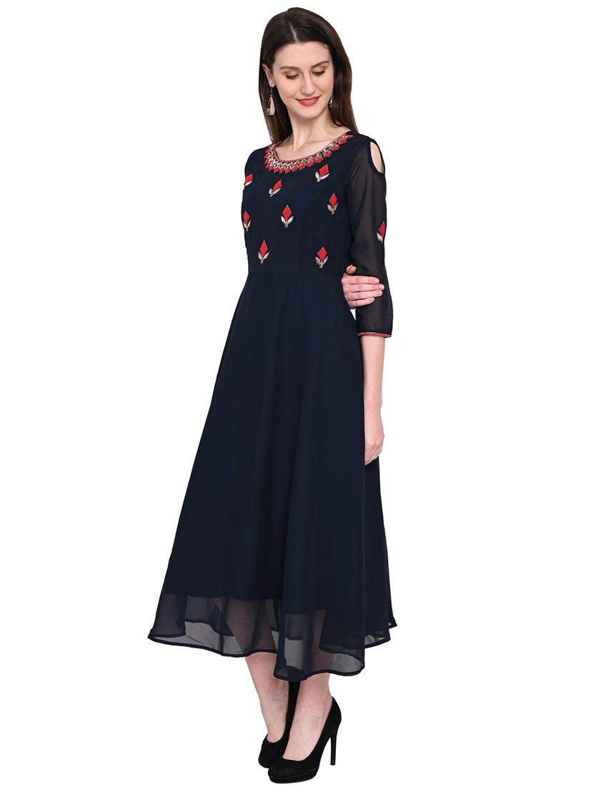 navy blue embroidered fit & flare ethnic dress - 18293593 - Standard Image - 2