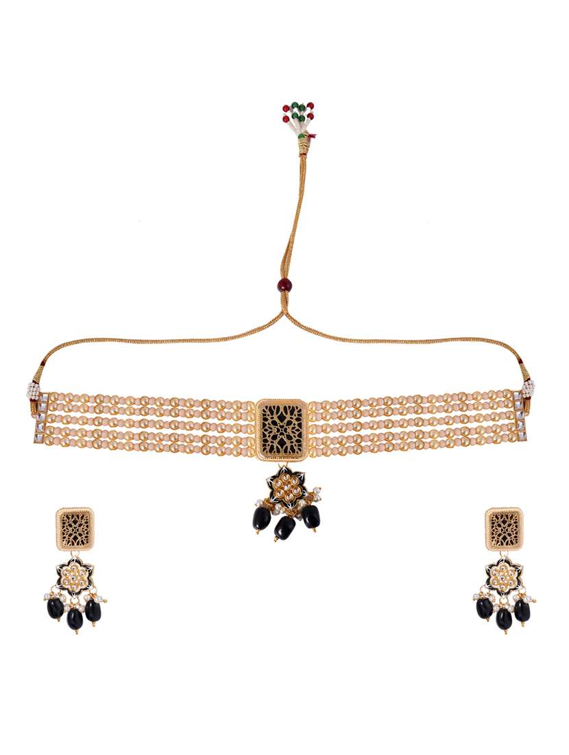 gold plated black pearl choker necklace set - 18293993 - Zoom Image - 0