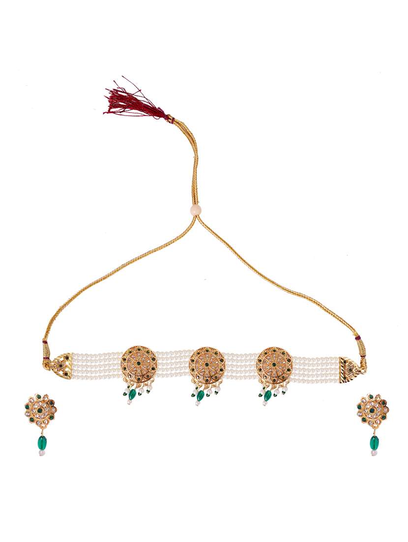 elegant gold plated pearl green choker necklace set - 18293998 - Zoom Image - 0