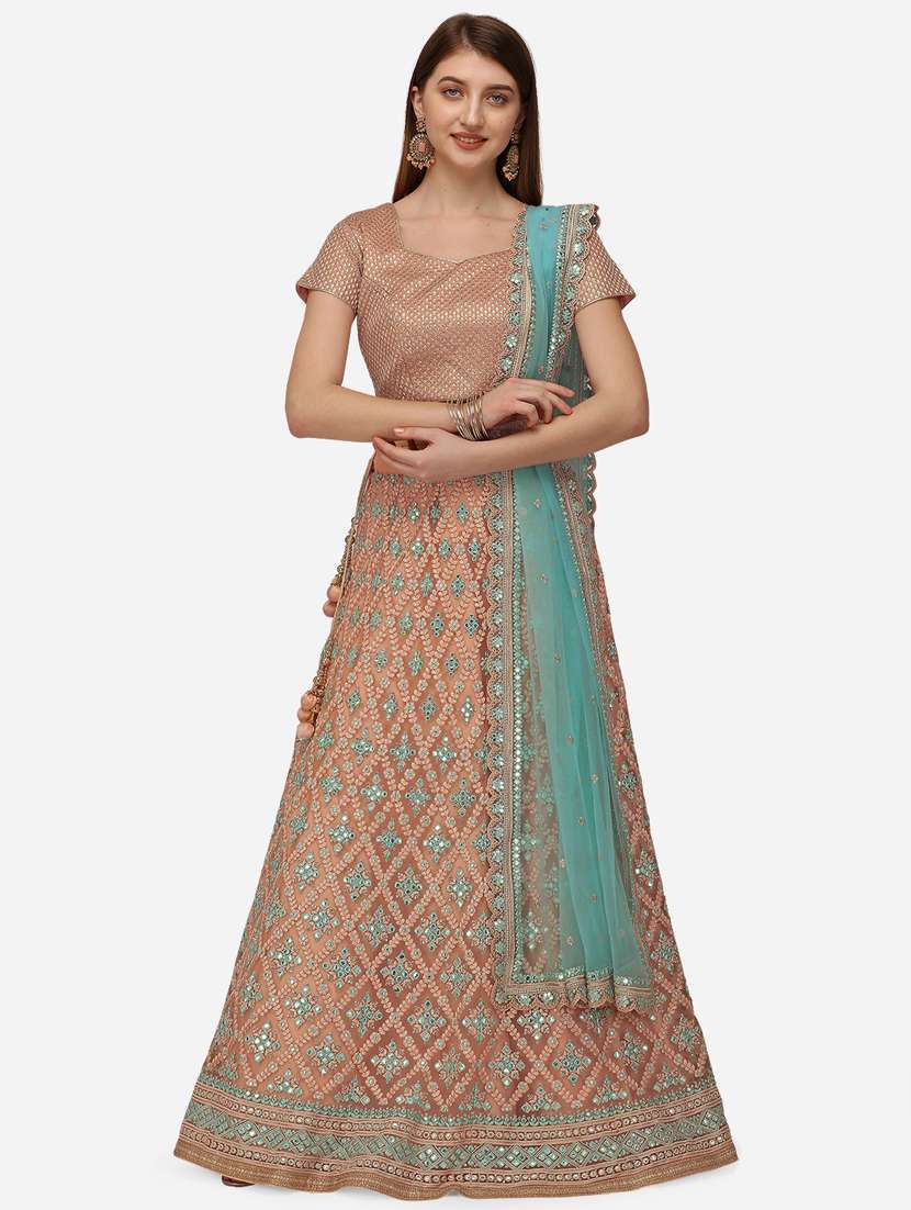 peach embroidered flared lehenga