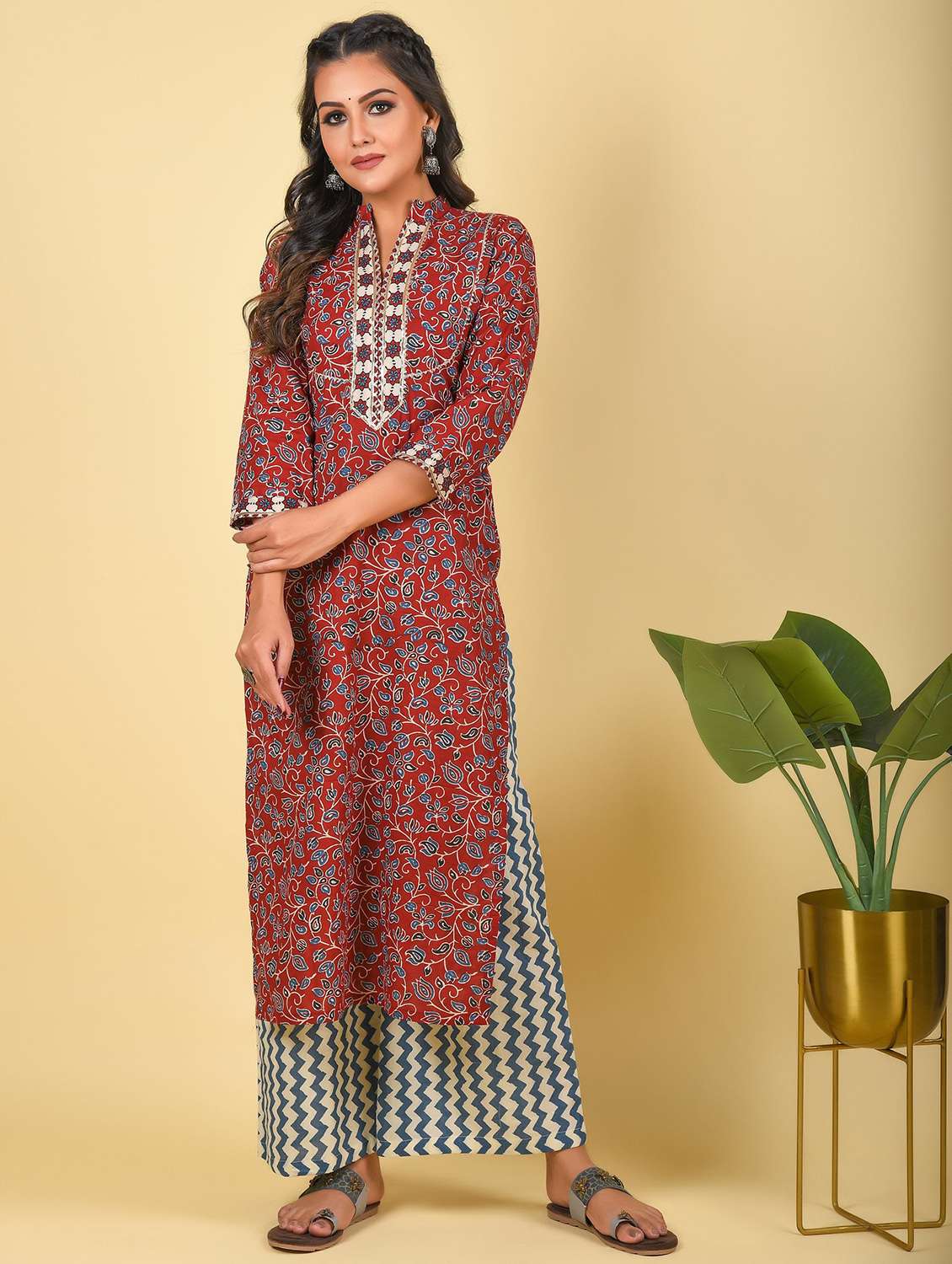 women three quarter sleeve kurta palazzo with dupatta set - 18294465 -  Standard Image - 2