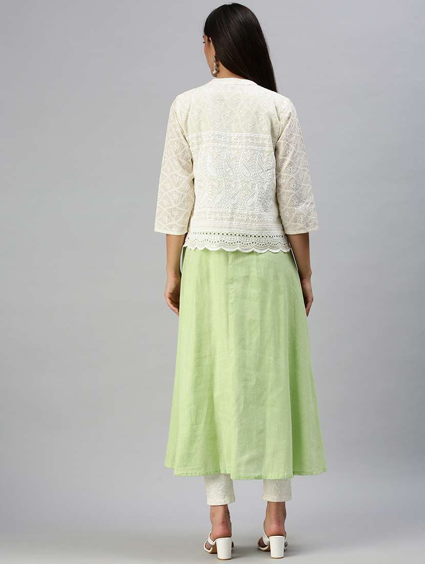 green linen with jacket kurta - 18294558 - Standard Image - 2