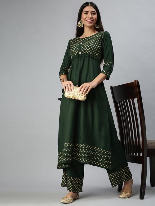women foil print round neck kurta palazzo set - 18294880 - Standard Image - 0