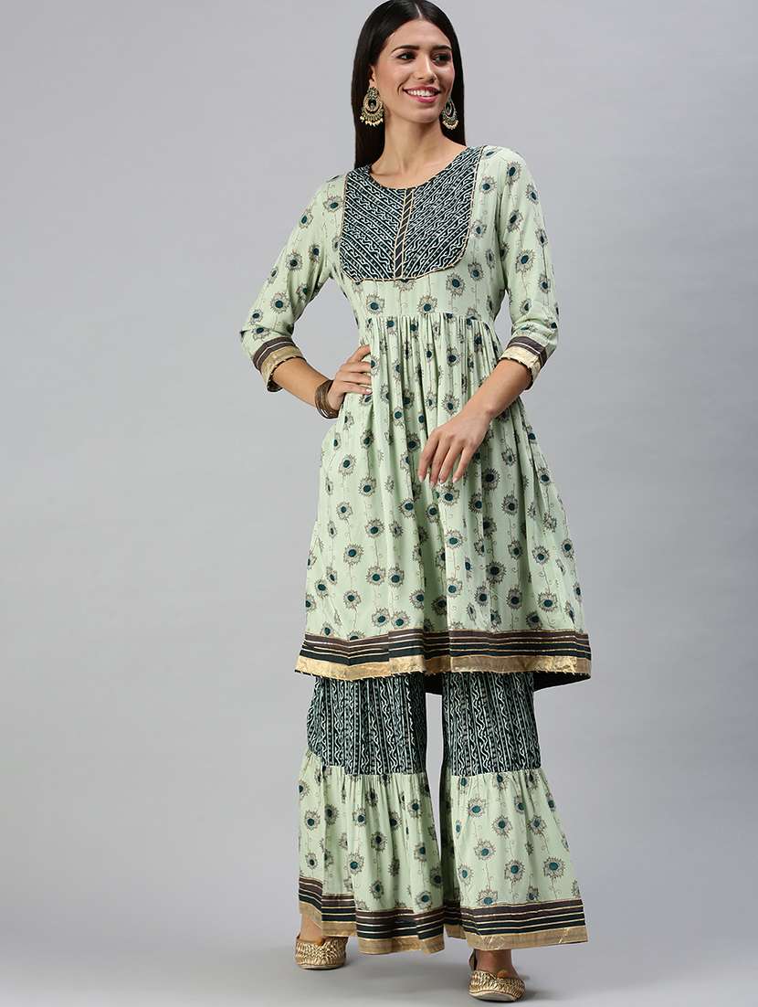 Women Floral Round Neck Kurta Sharara Set