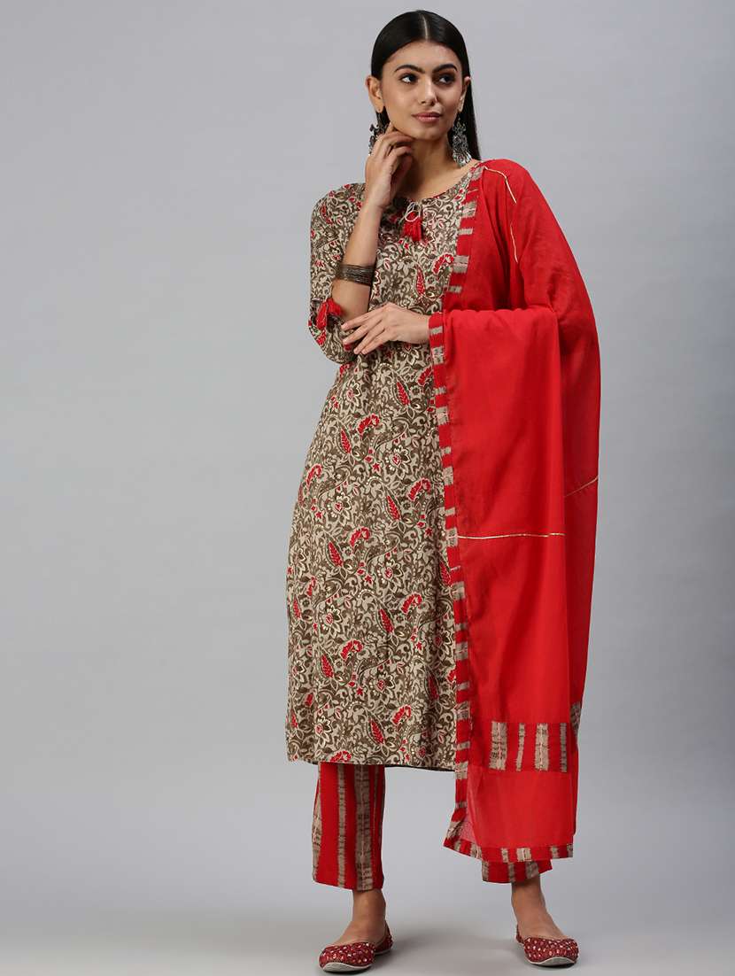 women beige printed kurta pant set with dupatta