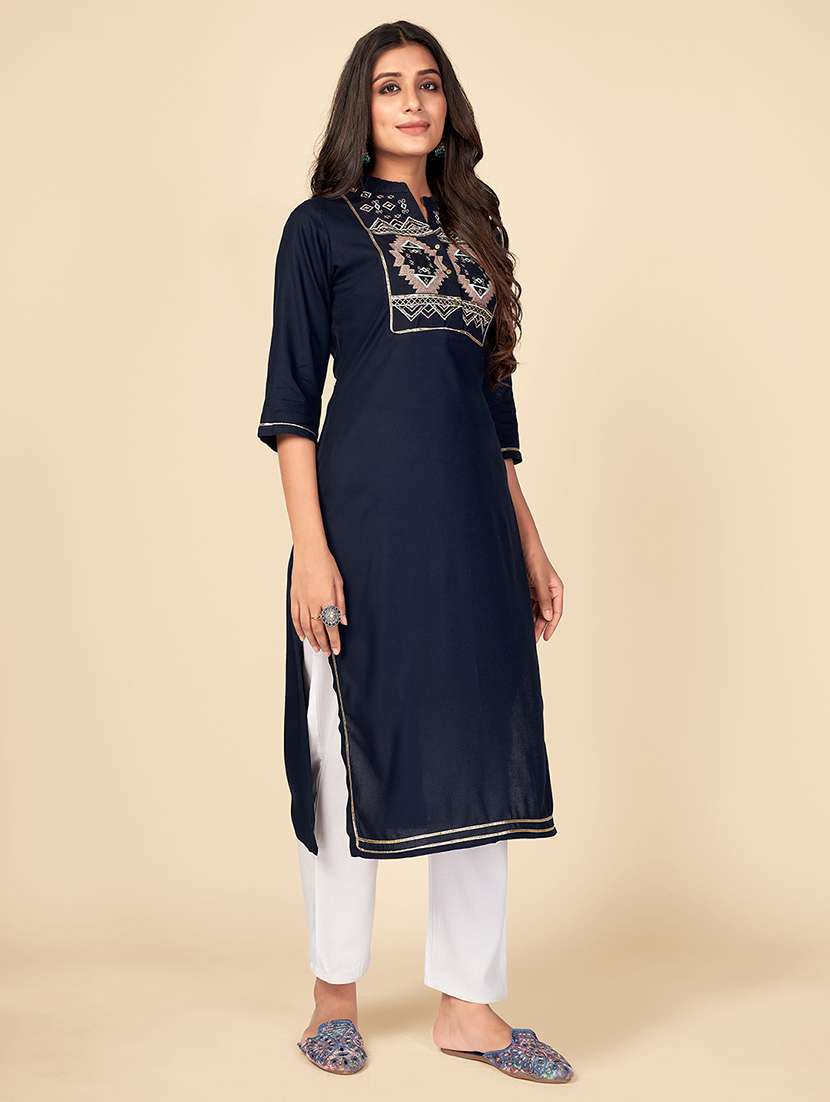 navy rayon straight kurta - 18298136 -  Standard Image - 2