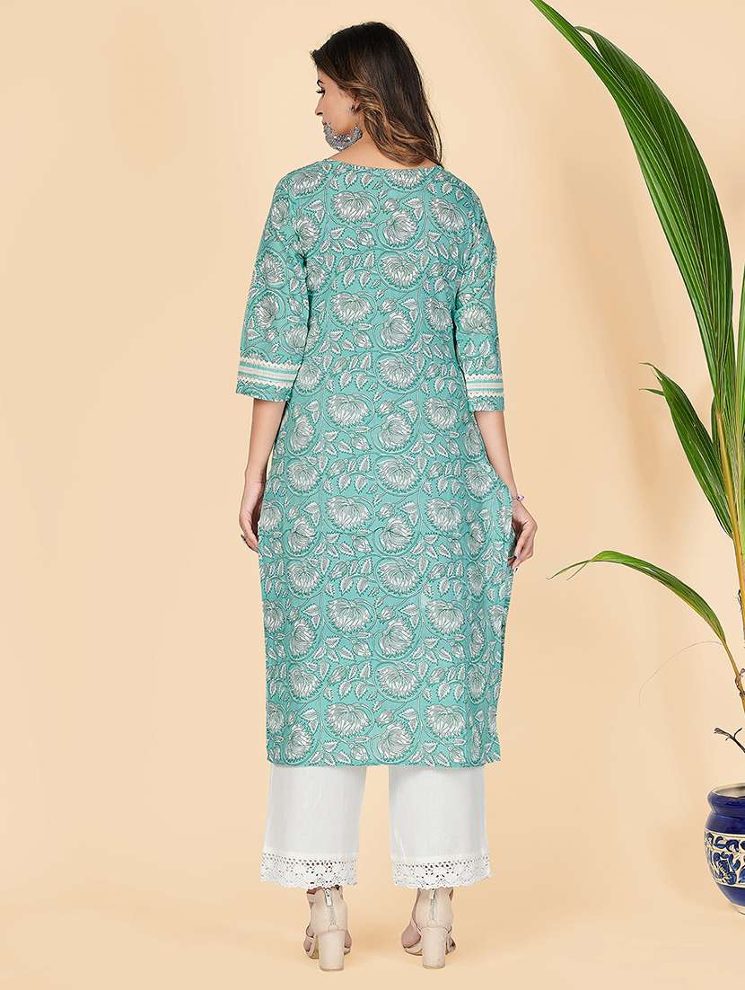 turquoise cotton straight kurta - 18298148 -  Standard Image - 2