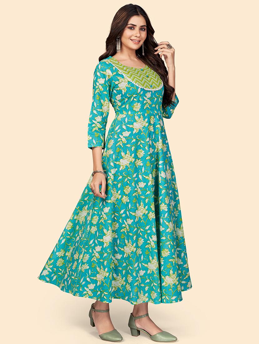 turquoise printed anarkali kurta - 18298285 - Standard Image - 2