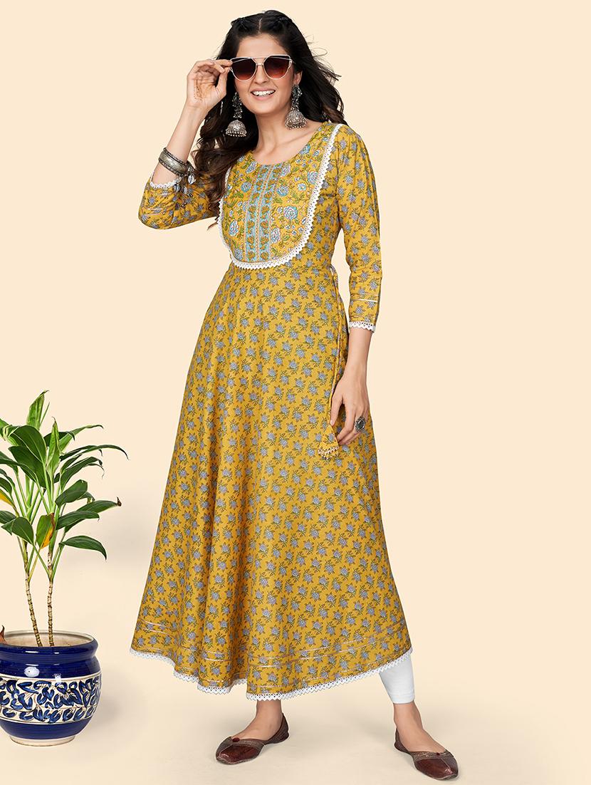 yellow printed anarkali kurta - 18298295 - Standard Image - 2