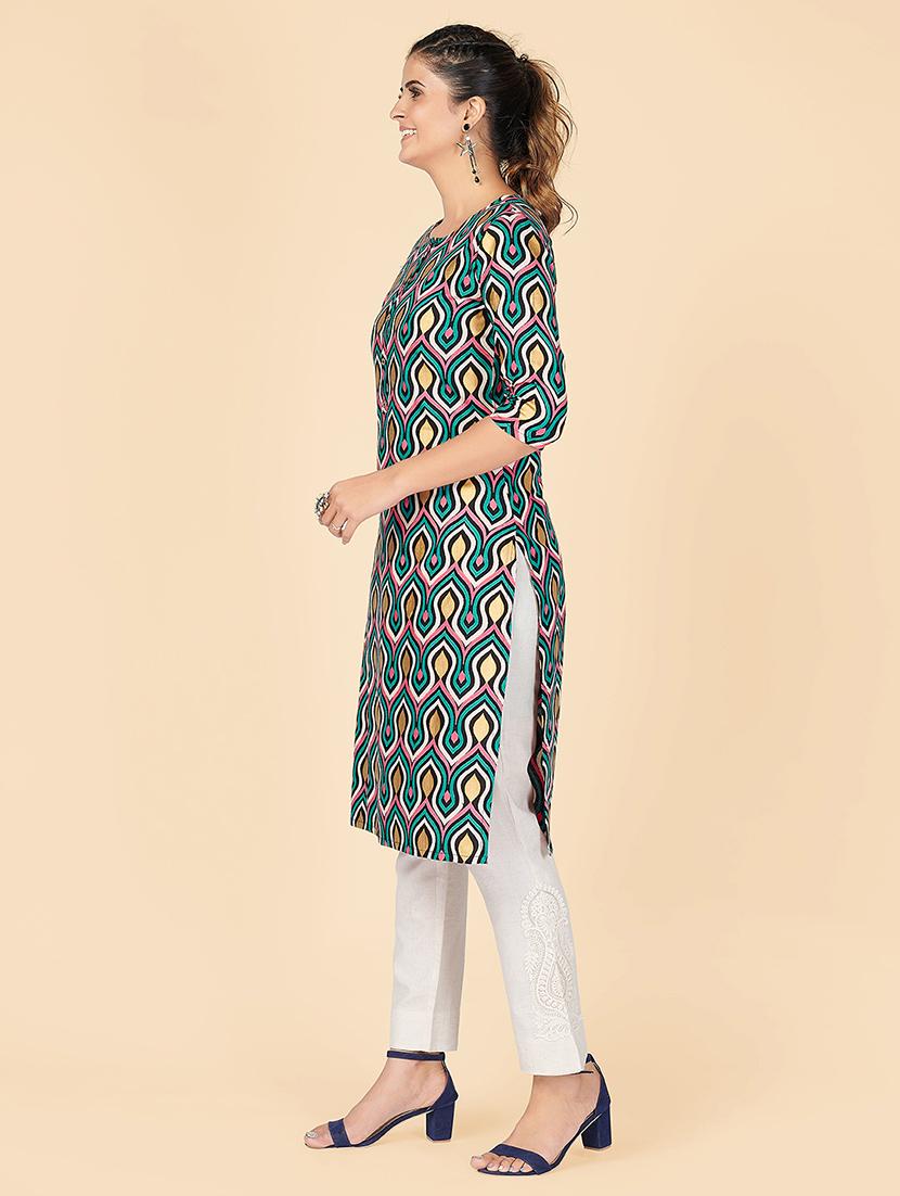 turquoise printed straight kurta - 18298330 - Standard Image - 2