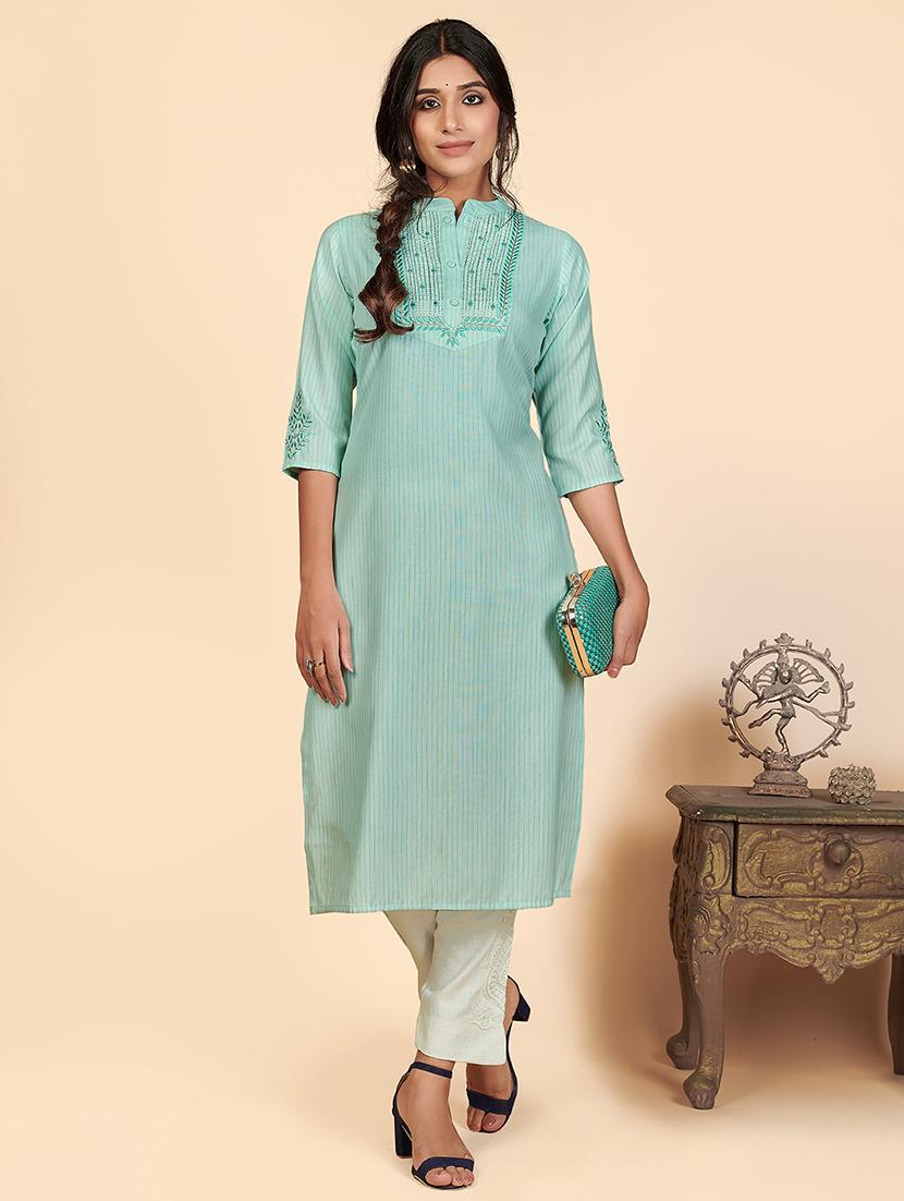 turquoise solid straight kurta - 18298348 - Standard Image - 2