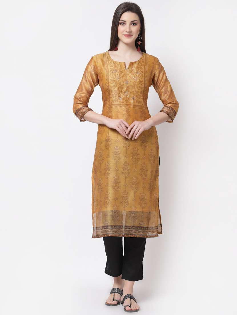 mustard printed straight kurta
