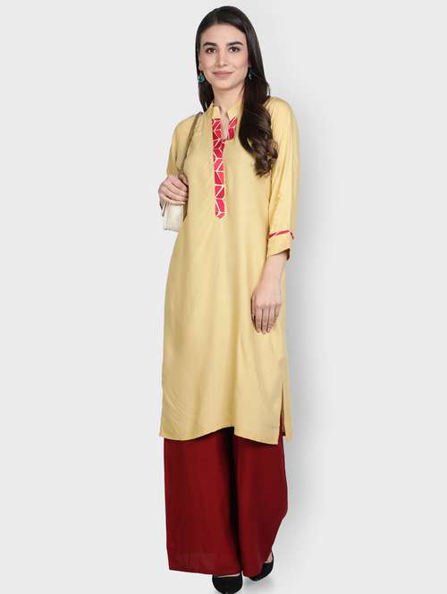 beige rayon kurta palazzo set - 18302535 - Standard Image - 0