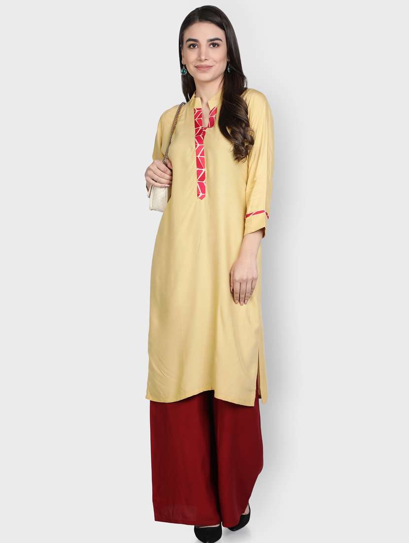 beige rayon kurta palazzo set - 18302535 - Zoom Image - 0
