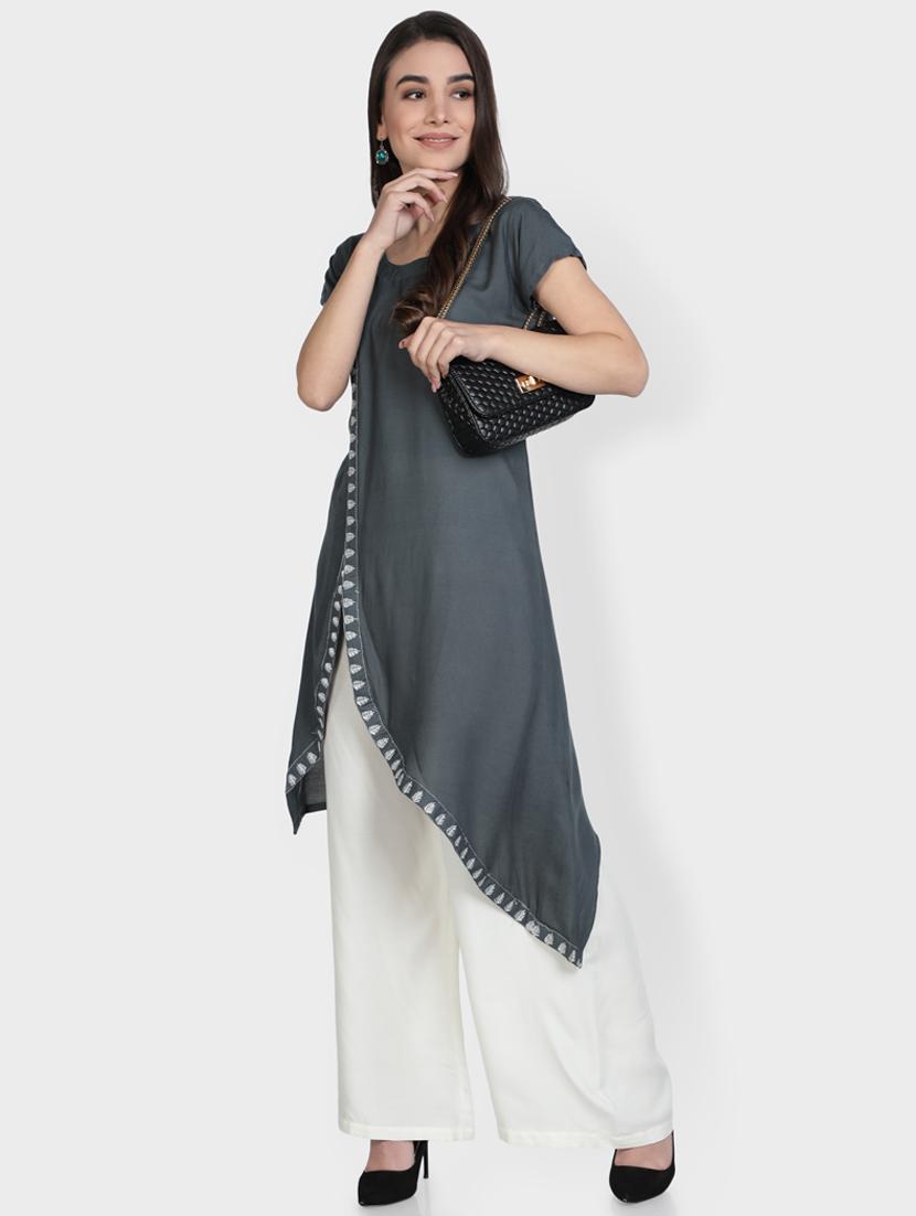 grey rayon kurta palazzo set - 18302559 - Zoom Image - 0