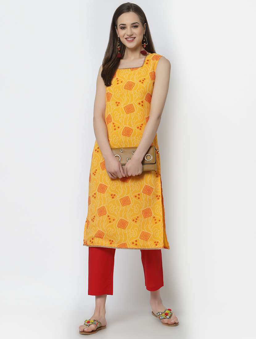 mustard printed straight kurta