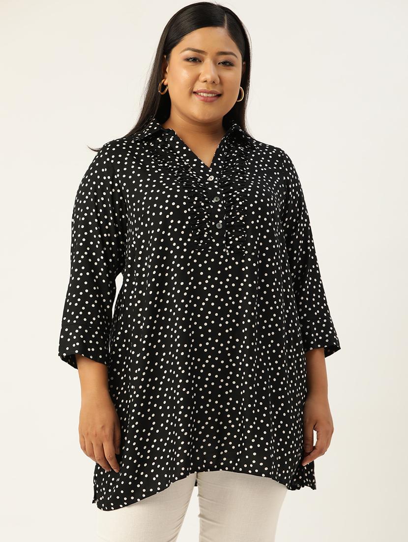 black polka dot print kurti with ruffles