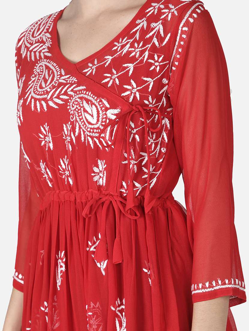 Women Overlap Neck Red Chikankari Kurti