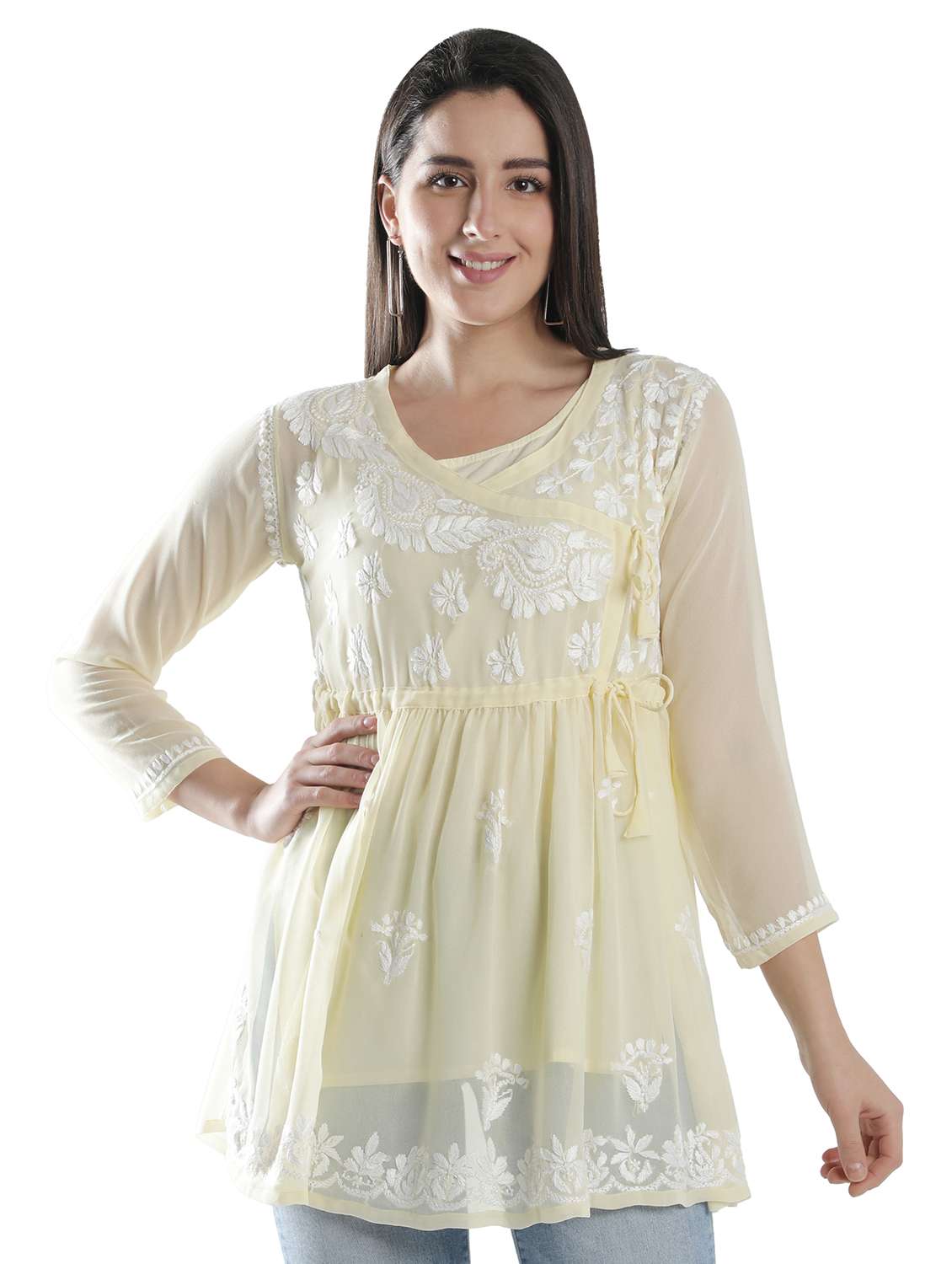yellow chikankari flared kurti