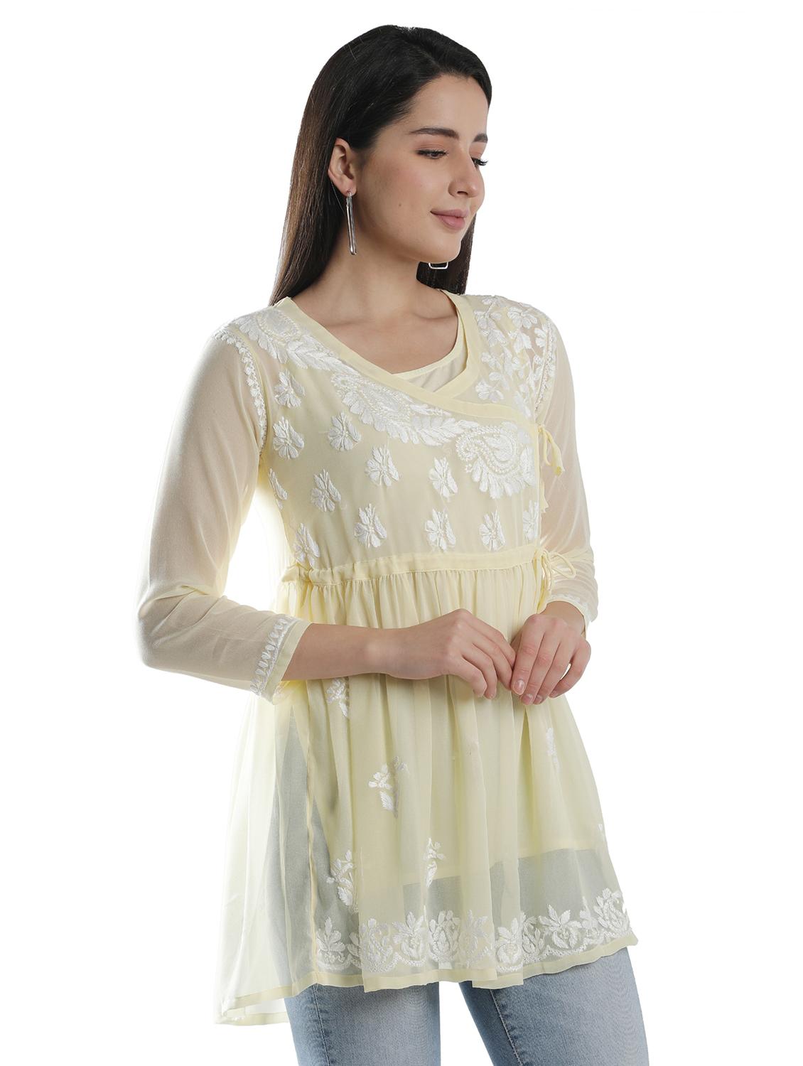 yellow chikankari flared kurti - 18303780 - Standard Image - 2