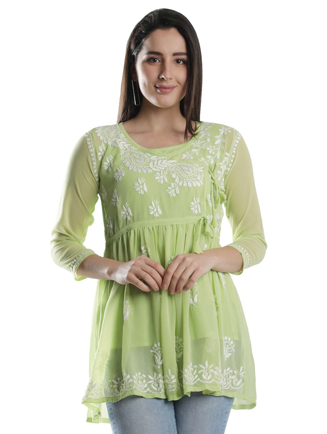 green chikankari angrakha kurti