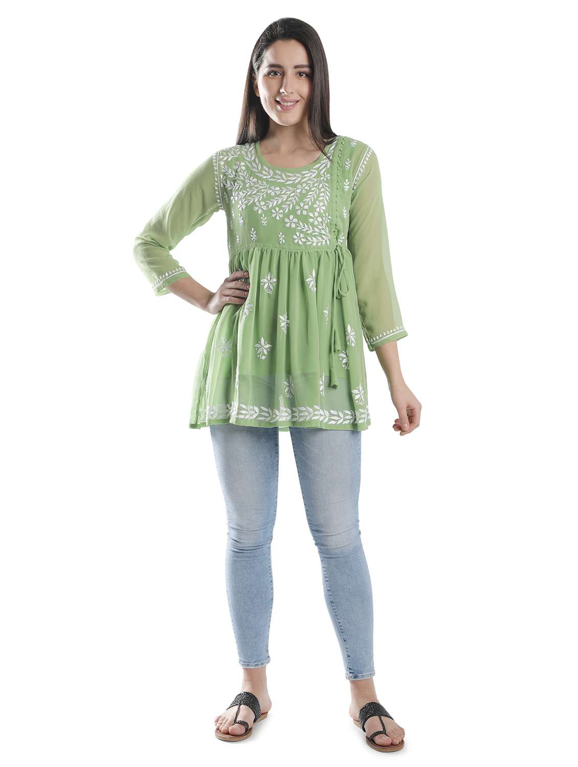 Green Chikankari Flared Kurti