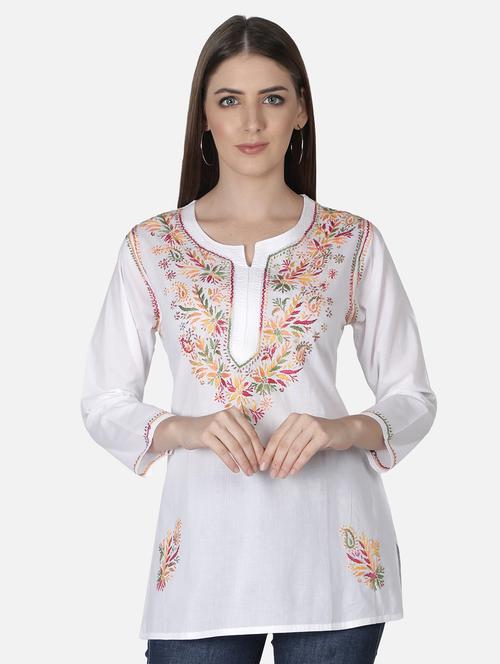 white chikankari flared kurti - 18303791 -  Standard Image - 0