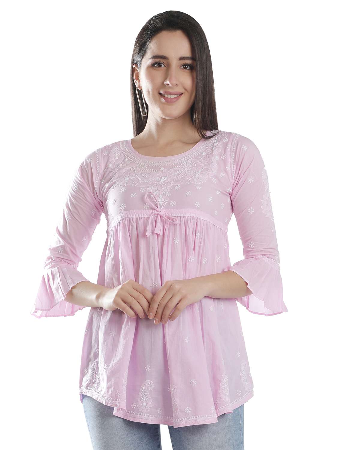 pink chikankari flared kurti