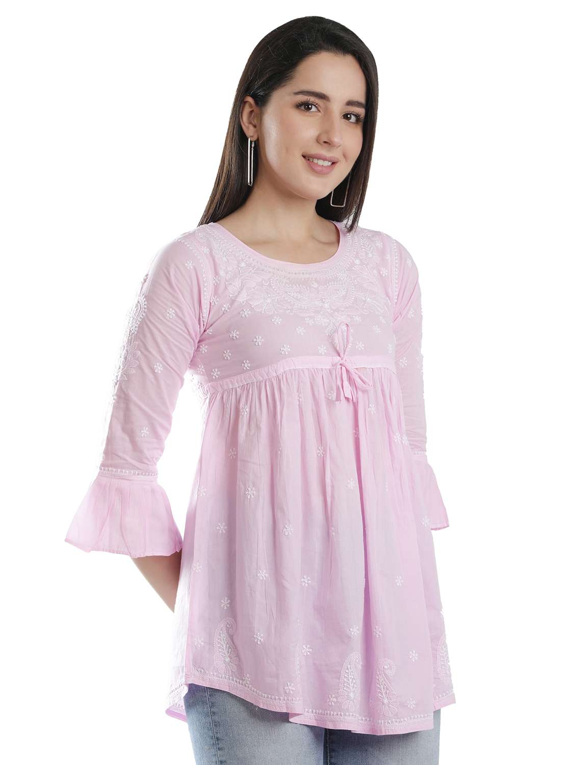 pink chikankari flared kurti - 18303794 -  Standard Image - 2